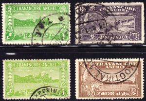 India Travancore Scott 36 x two shades, 43-44  F to VF used.