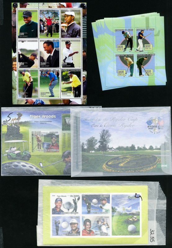 Worldwide Tiger Woods Stamp Collection All NH Many S/S