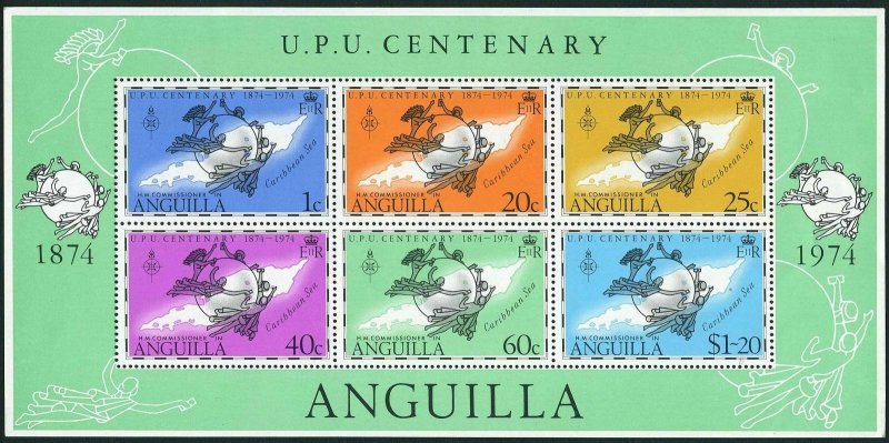 Anguilla 199-204,204a sheet,MNH.Michel 198-203,Bl.6 UPU-100,1974.Map.