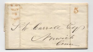 1846 Oxford MA red CDS stampless folded letter to Norwich CT 5 rate [6432.5]