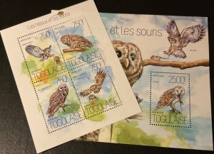 2013 TOGO.  Owls & Mice. 2 block sheets (1 HB 1v + 1 HB 4v). NHM-