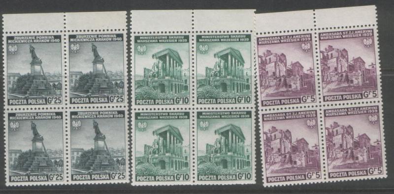 Poland Govt in Exile SG478/480 NHM blks of 4 cat about $32