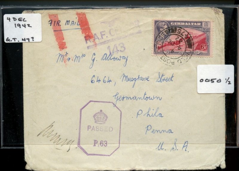 ?Jusqua airmail GIBRALTAR 6d RAF Censor to USA 1942 qt47 scarce cover