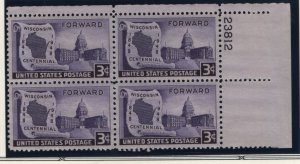 US, 957, MNH, PLATE BLOCK, 1948, WISCONSIN STATEHOOD