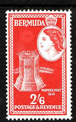 Bermuda-Sc #159-unused NH-2sh6p scarlet-QEII-Warwick Fort-1953-8-