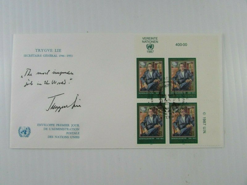 1987 UN 3 signed Trygve Lie FDC's Secretary General  CDS corner blocks