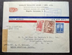 1942 Censored Colombia Airmail Cover Bogota to Wilmington DE USA Dupont