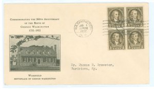 US 704 1932 1/2c Washington (part of the Washington Bi-Centennial series) block of four on an addressed (typed) FDC with a rice