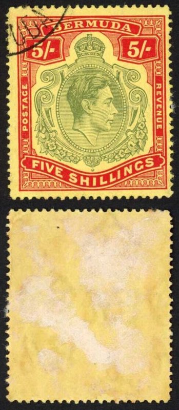 Bermuda SG118b KGVI 5/- Pale Green and Red/yellow Line Perf 14.25 (Ref 27)