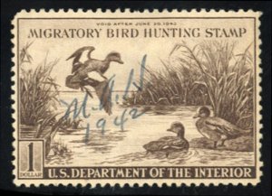 United States, Duck Hunting #RW9 Cat$45, 1942 $1 Baldplates, used