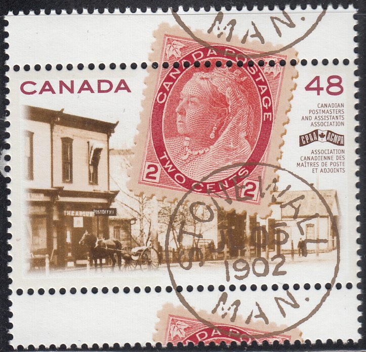 Canada 2002 MNH Sc 1956 48c Stonewall post office, 2c stamp, postmark