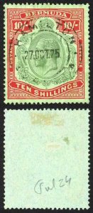 Bermuda SG92 10/- Script Green and Red on Pale Emerald Ex Ludington Cat 250