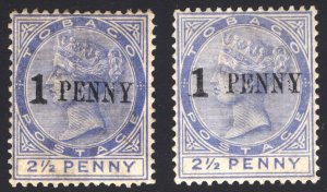 Tobago 1889 1d on 2 1/2d Ultra WIDE SPACE Scott 29&29a SG29&29a MH Cat $410