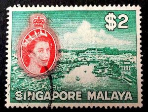 Used postage stamp. (1953) Singapore and Malaya with a face value of 2 do...
