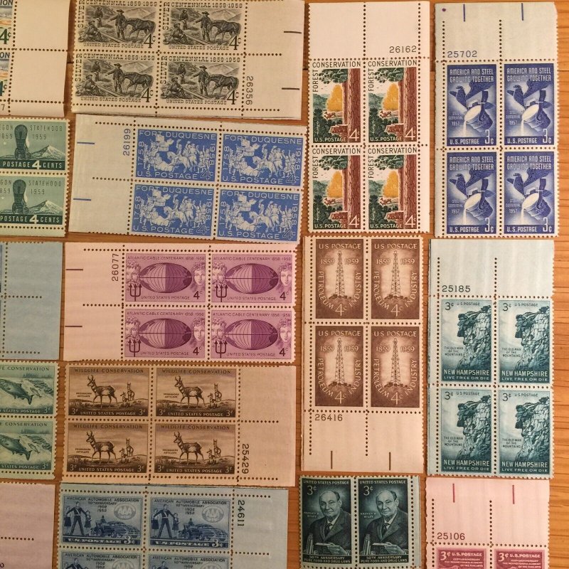 US, 1950'S, 28 DIFFERENT PLATE BLOCKS, MID-CENTURY COLLECTION, MINT NH,OG 