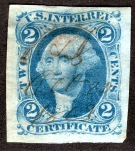 Scott R7a, 2c, blue, imperf, used, MS cancel, VF, USA Revenue Stamp