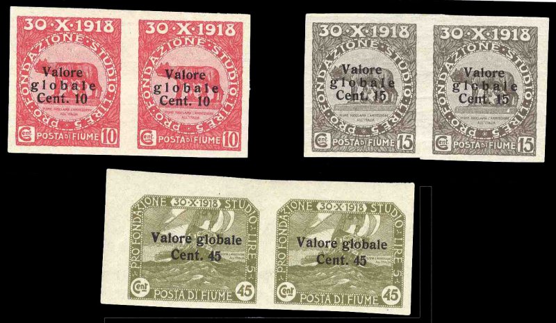Fiume #Sass.100/112d Cat€ 120, 1920 Valore Globale surcharges, three diff...