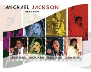 Union Island - Michael Jackson in Memoriam 1958 - 2009 Sheet of 4 Stamps (#2 MNH