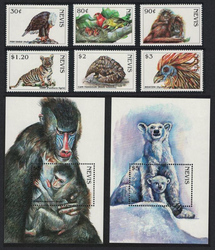 Nevis Birds Orang-Utan Tiger Endangered Species 6v+2 MSs SG#1178=MS1193