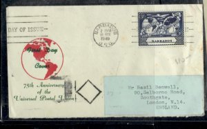 BARBADOS COVER (P0308B) 1949 UPU 3D CACHETED FDC TO ENGLAND 