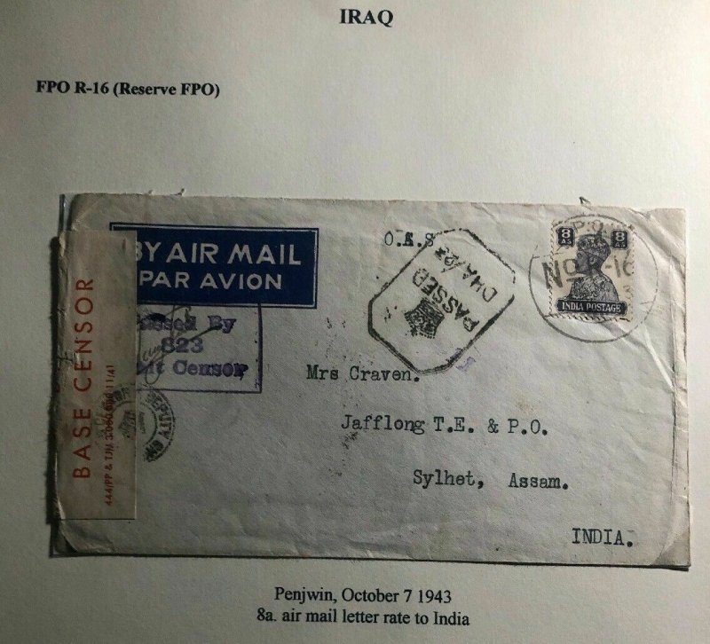 1943 Penjwin Iraq Indian Base FPO Censored Airmail OAs Cover To Sylhet India