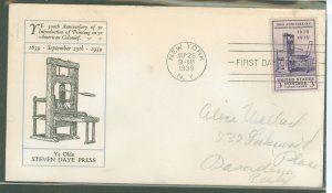 US 857 1939 3c 300th anniversary of the printing press in the americas, addressed fdc wtih a linprint cachet