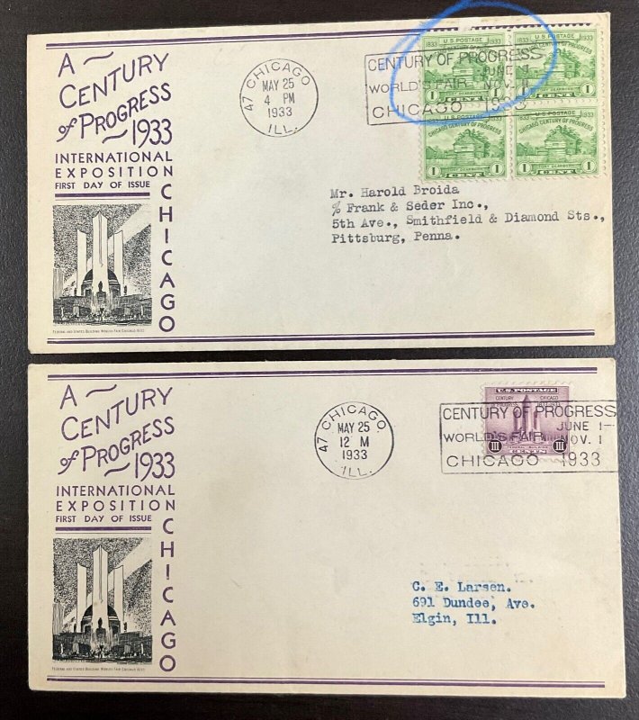 728-729 Two Ist Dearborn Engraving Cachets 1933 Century of Progress  FDC  P-52b