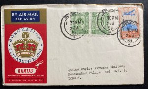 1953 Colombo Ceylon Coronation FDC cover QE 2 Queen Elizabeth II Qantas Flight