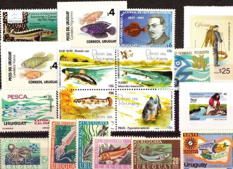 DISCOVER URUGUAY ! SELECTED 18 fish native marine fauna STAMPS MNH 