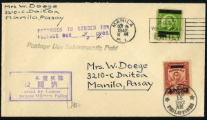 Philippines, Japanese Occupation, 1942 postage due cover with Passed by Cens...