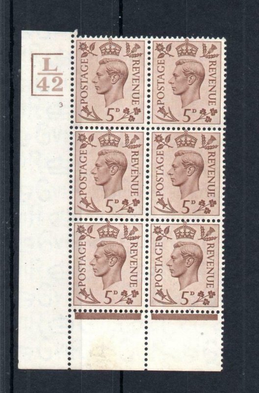 GEORGE VI 5d MOUNTED MINT CONTROL L42 CYLINDER 3 BLOCK Cat £25