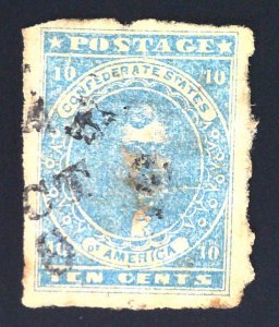 Scott CSA #2a - 10c Light Blue - Jefferson - Used - Faults - 1861-62