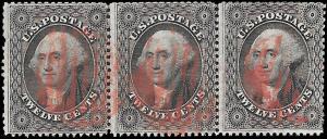 1857 US SC #36 USED STRIP 3 NH ng F RED CANCEL SOUND