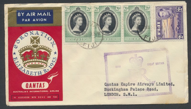 Australia Qantas  Coronation Cover Fiji London  AAMC 1318a  see scans 