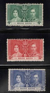 HONG KONG Scott 151-153 1937 Coronation set MH* aged gum, typical centering