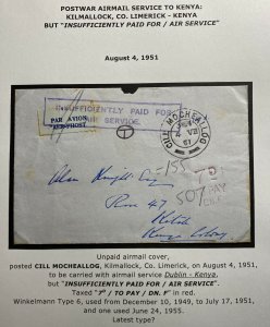 1951 Kilmallock Ireland Airmail Cover To Kenya Insufficiently Paid For Air Servi