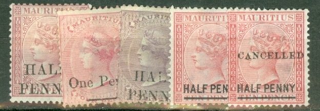 GT: Mauritius 43,46, 47 (2, one remainder cancel) mint; 48 unused no gum CV $78