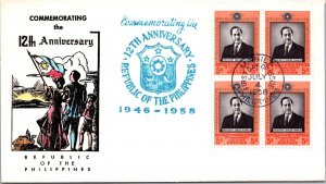 Philippines FDC 1958 - 12th Anniv of RP - 4x5c Stamp - Block - F43569