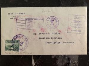 1930 Costa Rica First Flight airmail cover FFC to Tegucigalpa Honduras