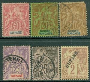 FRENCH GUYANA : 4 Used & 2 Mint No Gum from Peace & Commerce Issues. Cat €172.