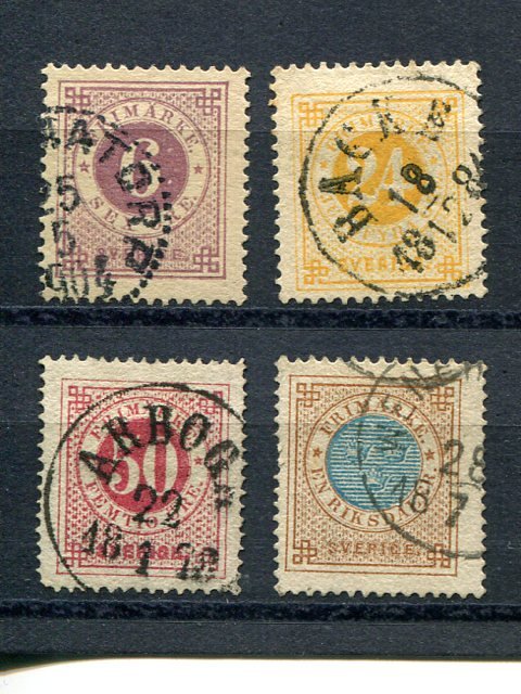 Sweden  #26,27,34a,44 latter with posthorn on back- Lakeshore Philatelics