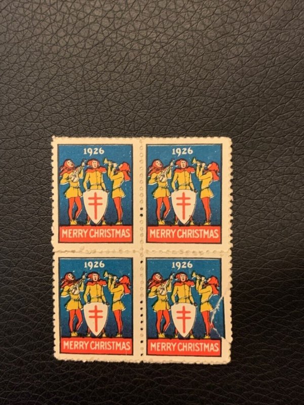 1926 WX38 Heralding Minstrels two block of 4 US Christmas Seals stick together