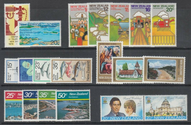 New Zealand Sc 327/735a MNH. 1959-1981 Sets & Singles, 73 different stamps, VF