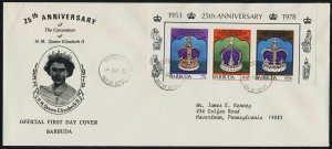 Barbuda 348a-c on addressed FDC - Queen Elizabeth 25th Anniv Coronation, Crown