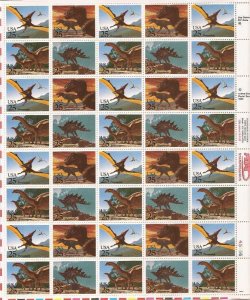 US Stamp - 1989 Dinosaurs on Stamps - 40 Stamp Sheet - Scott #2422-5
