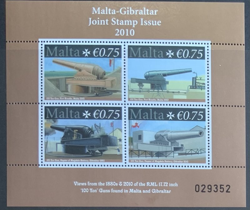 MALTA MINIATURE SHEET 2010 JOINT ISSUE WITH GIBRALTAR GUNS SGMS1656  MNH CAT £8