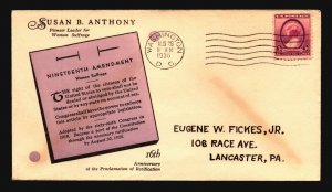 US SC# 784 FDC / 19th Amendment Cachet - L1910 