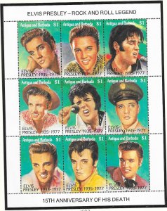 Antigua #1602 $1.00  Elvis Presley sheet of 9 (MNH) CV$15.00