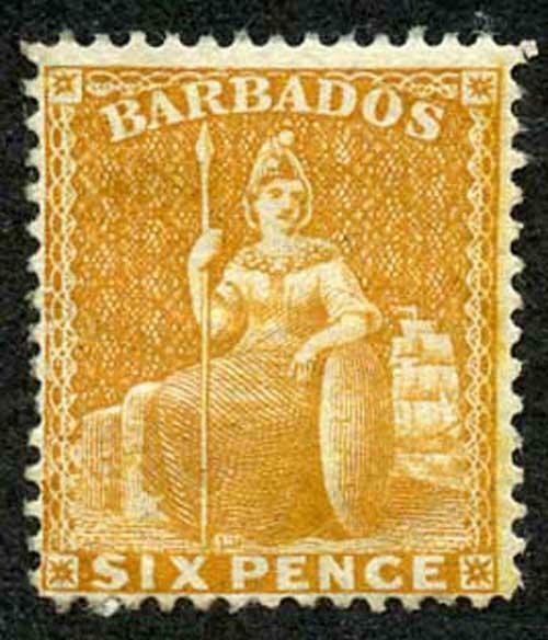 Barbados SG79 6d Chrome-yellow perf 14 wmk Crown CC M/Mint Cat 150 pounds 