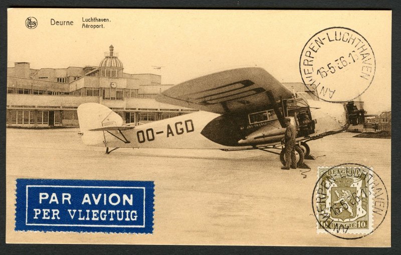 Belgium 1936 early Aeroplane Postcard used 16/5/1936 Antwerpen Luchthaven